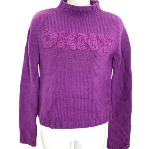 Donna Karen DKNY Purple Chunky Knit Mock Neck Sweater Logo Textured Raised XS